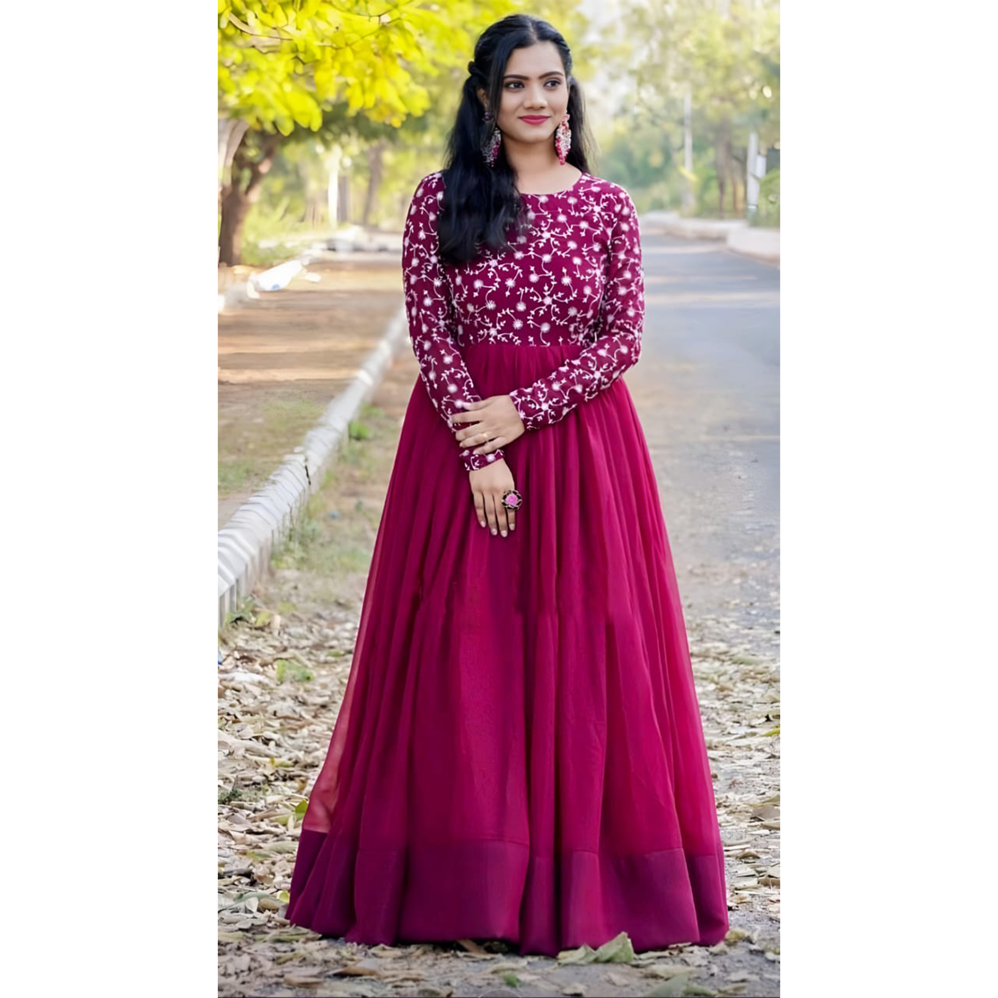 Trendy Maroon Embroidered Gown for Festive Vibes