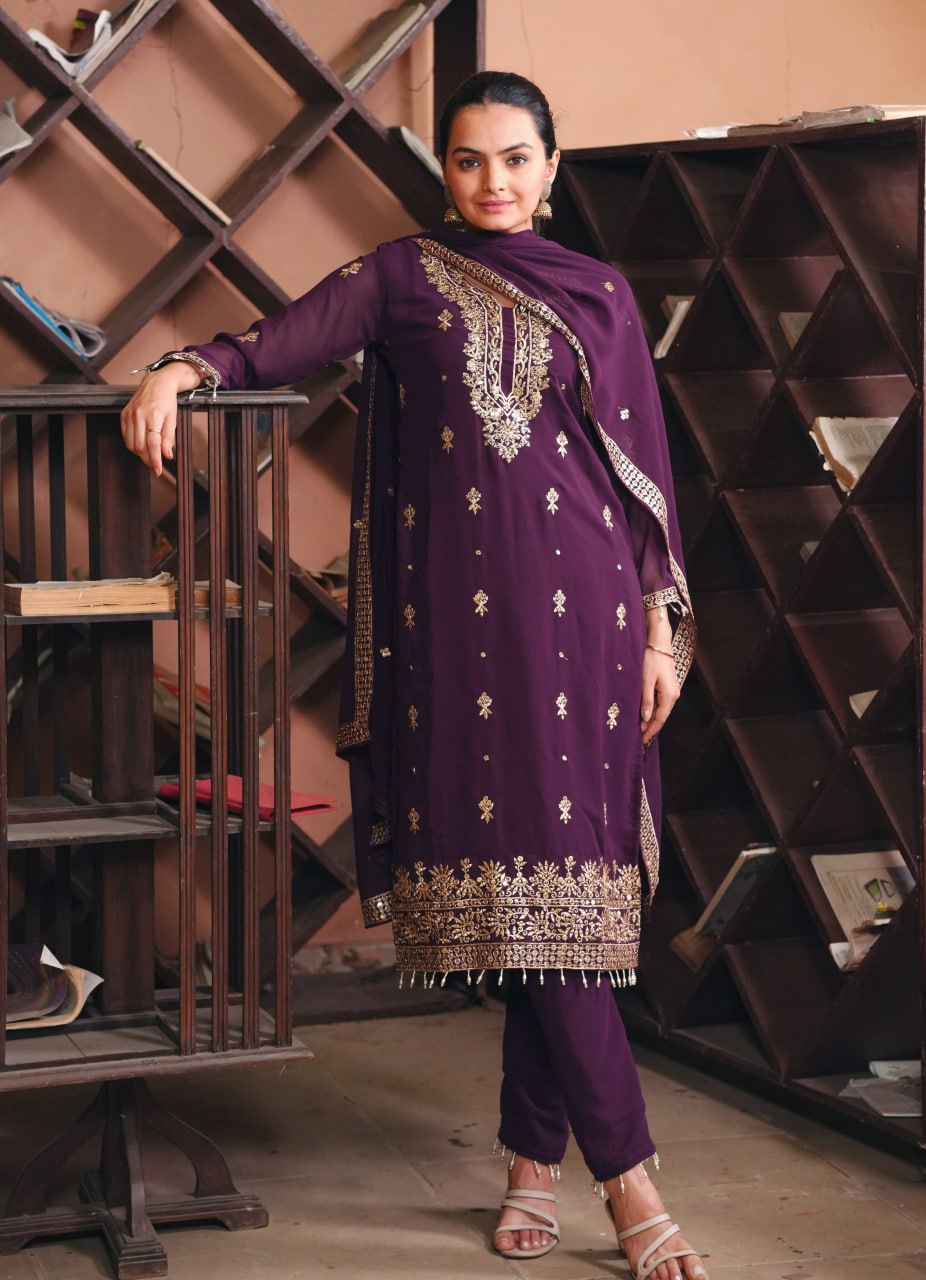 Purple Georgette Anarkali Suit with Sequin Embroidery – Flared Festive Wear