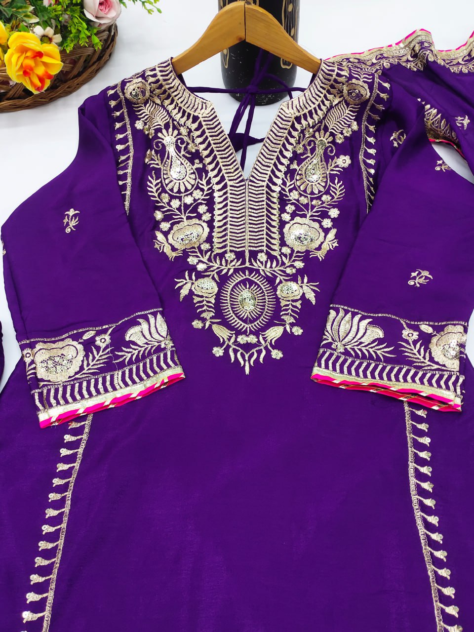 Purple Chinon Sequence Embroidery Salwar Suit Set – 3‑Piece Party & Festive Look (38″ Top + 40″ Pant + 2.2 m Dupatta)