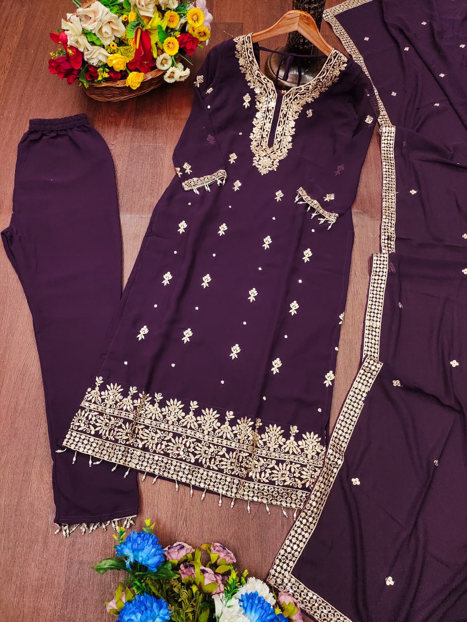 Purple Georgette Anarkali Suit with Sequin Embroidery – Flared Festive Wear