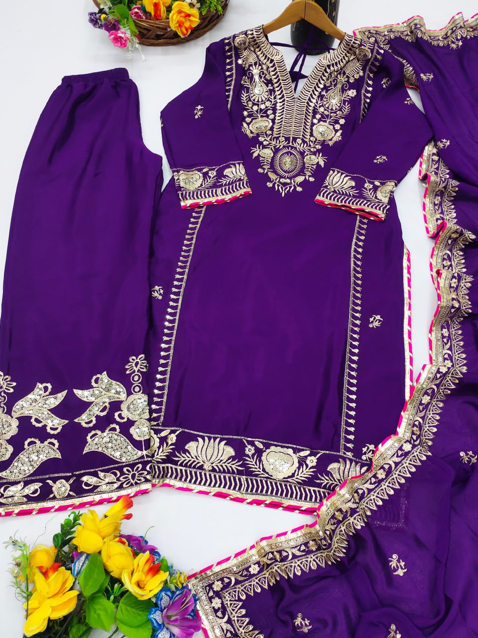 Purple Chinon Sequence Embroidery Salwar Suit Set – 3‑Piece Party & Festive Look (38″ Top + 40″ Pant + 2.2 m Dupatta)