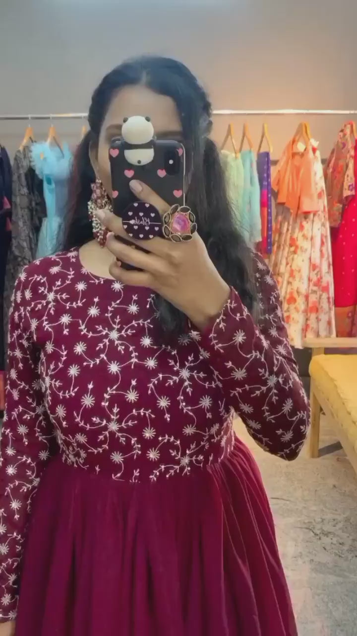 Trendy Maroon Embroidered Gown for Festive Vibes